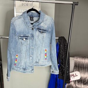 Torrid Light Blue Jean Jacket with Rainbow Accents Mickey Mouse